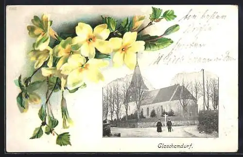 AK Dorf Gleschendorf / Warndt, Ansicht der Kirche, gelbe Blumen