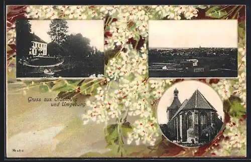 Passepartout-Lithographie Oldenburg / Holstein, Kirche, Panorama, gerahmt von weissen Blüten