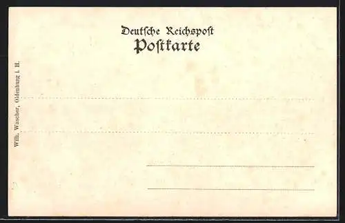 Passepartout-Lithographie Oldenburg / Holstein, Kirche, Panorama, gerahmt von weissen Blüten