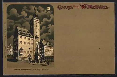 Mondschein-Lithographie Würzburg, Grafen Eckartsturm und Mariensäule