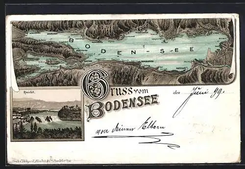 Lithographie Meersburg / Bodensee, Rheinfall, Landkarte mit Orten am Bodensee