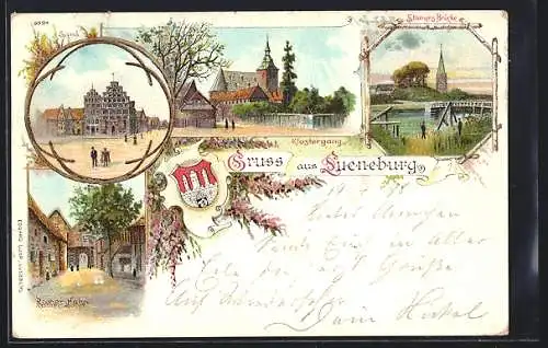 Lithographie Lüneburg, Rother Hahn, Stamers Brücke, Klostergang, Sand, Wappen