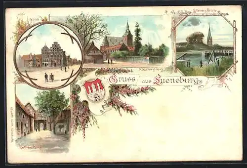Lithographie Lüneburg, Rother Hahn, Stamers Brücke, Klostergang, Sand, Wappen