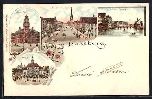 Lithographie Lüneburg, Strasse am Sande, Post, Rathaus, Viskuhlenhof