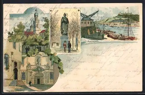 Lithographie Würzburg, Mainquai, Denkmal und Kirche