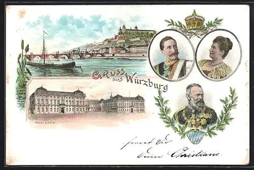 Lithographie Würzburg, Residenz und Uferpartie