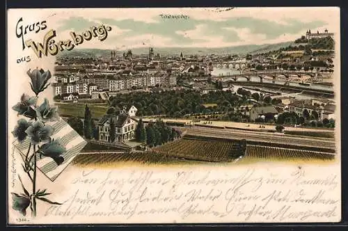 Lithographie Würzburg, Totalansicht mit Mainpartie