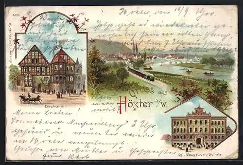 Lithographie Höxter i. W., Dechanei, Kgl. Baugewerk-Schule und Ortsansicht mit Eisenbahn am Flussufer