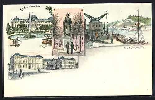 Lithographie Würzburg, Kgl. Residenzschloss und Uferpartie