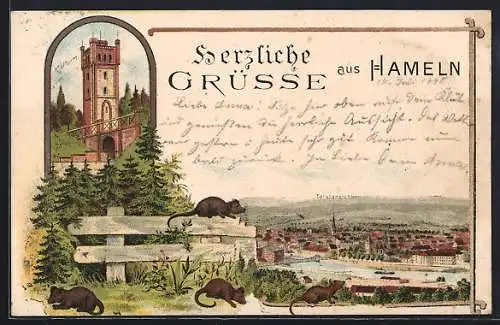 Lithographie Hameln, Totalansicht und Klütturm