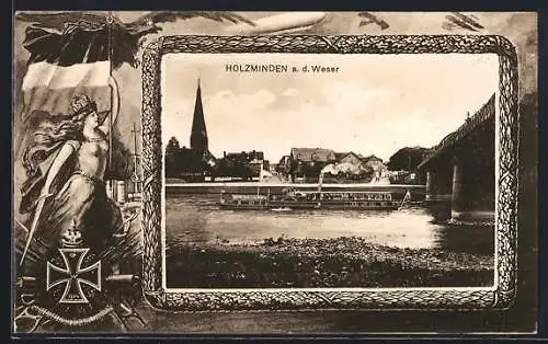 AK Holzminden a. d. Weser, Teilansicht mit Dampfer und Kirche