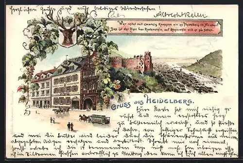 Lithographie Heidelberg, Gasthaus zum Hirschen und Schloss