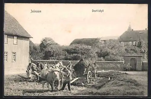 AK Jeinsen, Dorf-Idyll mit Heuwagen
