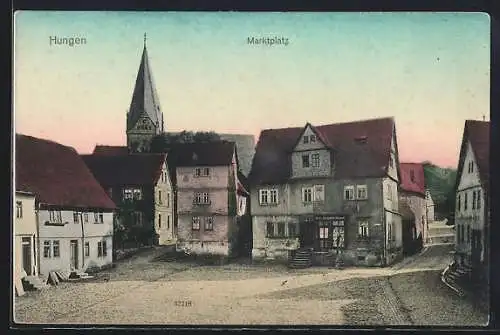 AK Hungen, Marktplatz mit Kirchturm