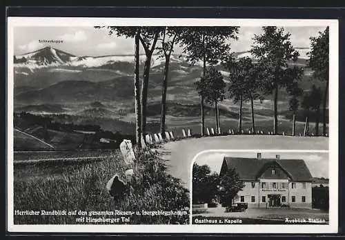 AK Berbisdorf, Gasthaus zur Kapelle und Rundblick mit Schneekoppe