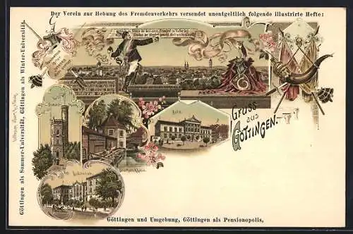 Lithographie Göttingen, Aula, Bismarckhaus, Auditorium, Bismarckthurm, Ortsansicht aus der Vogelschau