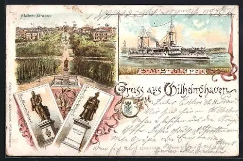 Lithographie Wilhelmshaven, Adalbert-Strasse, S. M. S. Wörth