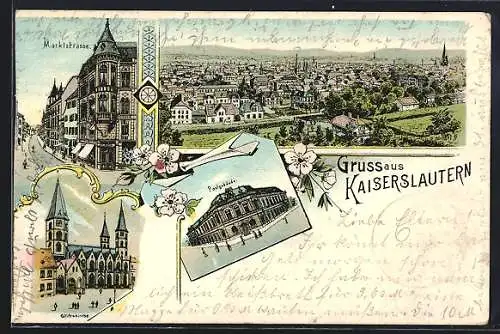 Lithographie Kaiserslautern, Marktstrasse, Stiftskirche und Postgebäude