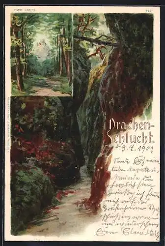 Lithographie Eisenach, Drachenschlucht, Hohe Sonne