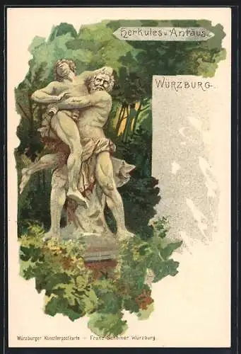 Lithographie Würzburg, Statue von Herkules und Antäus