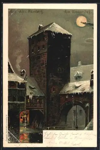 Lithographie Alt-Nürnberg, Am Henkersteg bei Mondschein im Winter