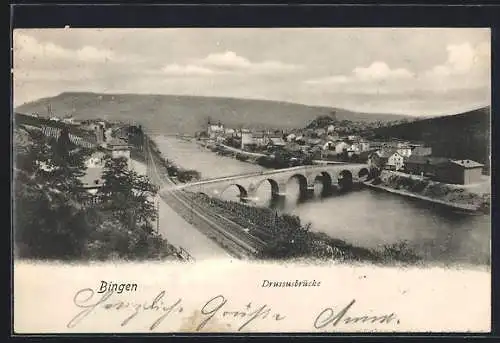 AK Bingen / Rhein, Flusspartie mit Drussusbrücke