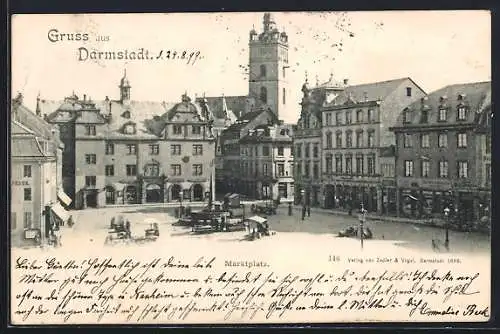 AK Darmstadt, Marktplatz mit Geschäften und Brunnen