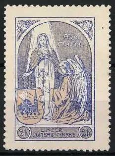 Reklamemarke Linz, Ave Maria, Engel mit Heiligenbildnis, Wappen