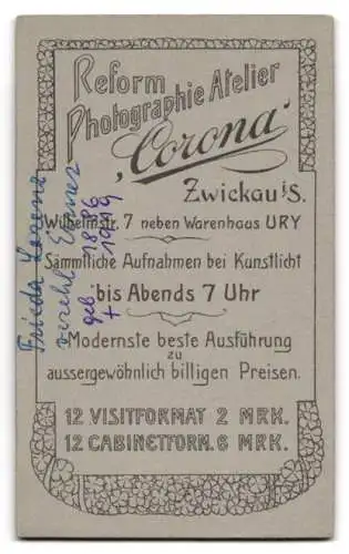 Fotografie Atelier Corona, Zwickau, Wilhelmstr. 7, Porträt von Frieda Lorenz
