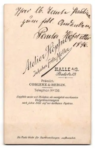 Fotografie Atelier Höpfner, Halle a/S, Poststr. 19, Paula Hofstetter im Jahr 1896