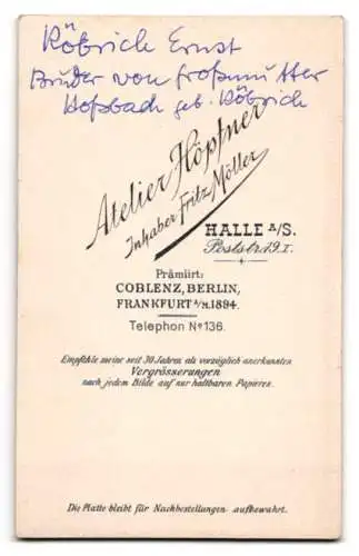 Fotografie Atelier Höpfner, Halle a/S., Poststr. 19 T, Porträt von Ernst Röbrich mit Brille