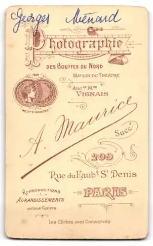Fotografie A. Maurice, Paris, Rue du Faubourg Saint-Denis 209, Georges Ménard mit Schnauzbart