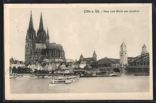 AK Köln am Rhein, Ausflugsdampfer auf dem Rhein, Blick auf den Dom und den Hauptbahnhof