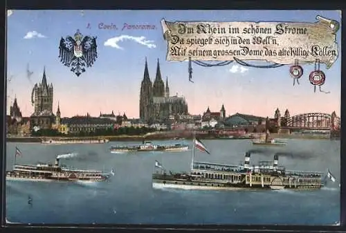 AK Köln, Flusspartie mit Brücke und Blick auf den Dom