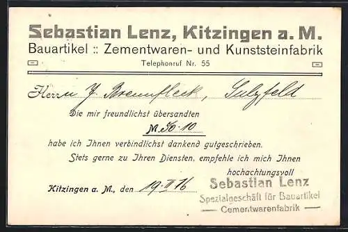 AK Kitzingen a. M., Zementwaren- und Kunststeinfabrik