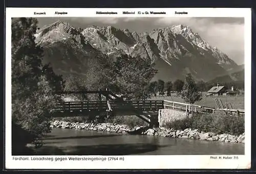 AK Farchant, Flusspartie mit Loisachsteg, Wettersteingebirge