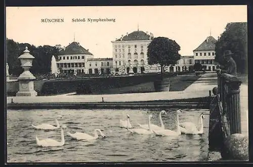 AK München, Schloss Nymphenburg mit Schwanenteich