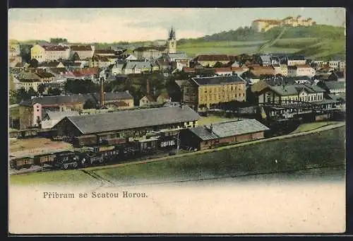 AK Pribram, se Svatou Horou, Teilansicht mit Bahnhof aus der Vogelschau