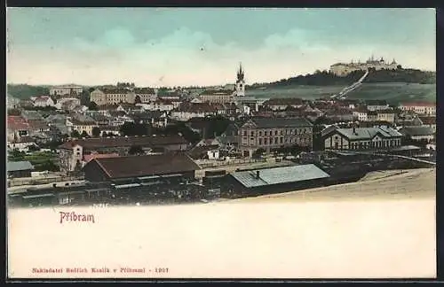 AK Pribram, Panorama mit Bahnhof und Kloster