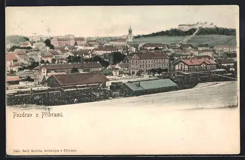 AK Pribram, Teilansicht mit Bahnhof aus der Vogelschau