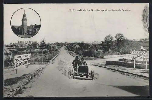 AK Bouloire, Circuit de la Sarthe 1906, Eglise, Rennwagen am Ortsausgang, Kirche, Autorennen