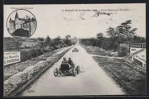 AK Bouloire, Circuit de la Sarthe 1906, Entre Ardenay at Bouloire, Château de Pecheré, Autorennen, Montage