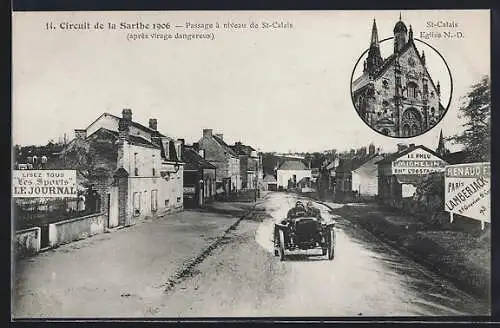 AK St-Calais, Circuit de la Sarthe 1906, Passage à niveau de St-Calais, Englise Notre-Dame, Autorennen, Montage