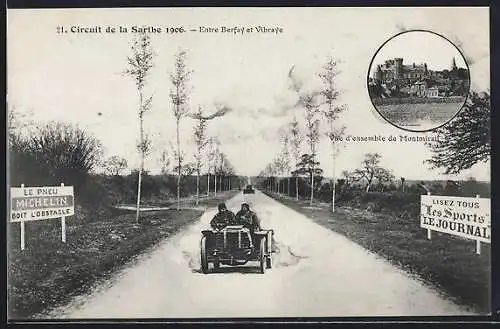 AK Circuit de la Sarthe 1906, Entre Berfay et Vibraye, Vue d`ensemble de Montmirail, Teilnehmer des Autorennens