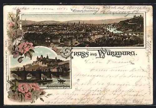 Lithographie Würzburg, Mainbrücke und Festung, Totalansicht