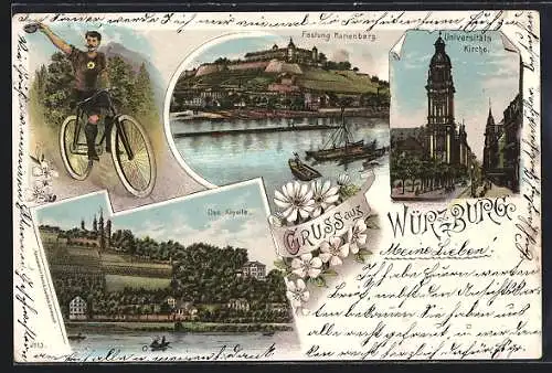 Lithographie Würzburg, Mann auf dem Fahrrad winkt mit dem Hut, Universitätskirche, Festung Marienberg, Das Käpelle