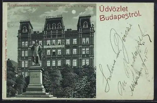 Mondschein-Lithographie Budapest, Báró Eötvös-Szobor, Magyar, Franczia B. T. Palotata