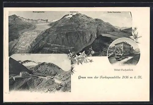 AK Furkapass, Hotel Furkablick, Rhonegletscher mit Geienstock und Furka-Passhöhe