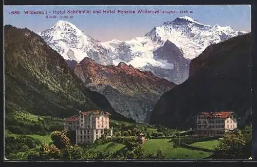 AK Wilderswil, Hotel Schönbühl und Hotel Pension Wilderswil mit Mönch und Jungfrau