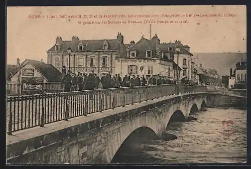 AK Sens, Inondation de Janvier 1910, Organisation des Secours au Pont-au-Diable, Hochwasser